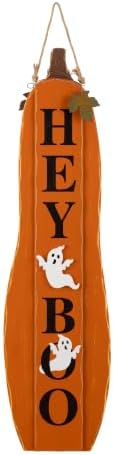 Glitzhome Fall Reversible Wood Pumpkin Porch Sign – 36" Dual-Sided Welcome Design with Autumn Leaves，Flips to Hey Boo for Halloween Entryway - Image 2