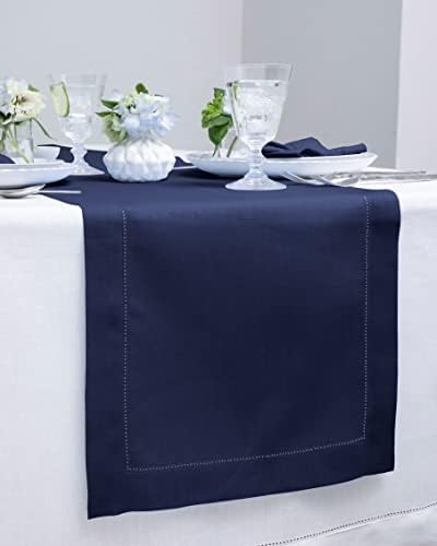 Solino Home 100% Pure Linen Table Runner Navy Hemstitch, 14 x 132 in - Image 2