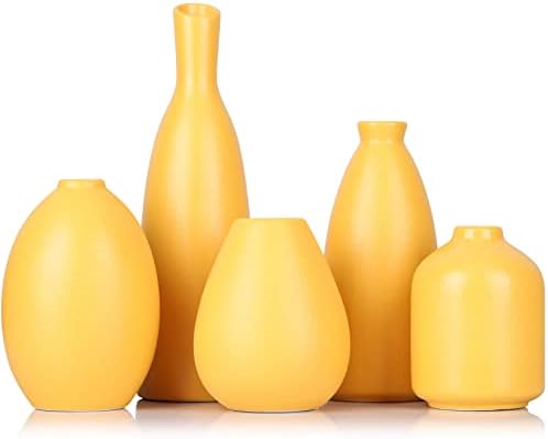 Yellow Ceramic Bud Vases Set of 5, Farmhouse & Fireplace Decor, Multipurpose Home Decoration for Living Room, Entrance, Bathroom, Kitchen & Office, Coffee Table Decor, Bulk Bud Vases by QIANLING