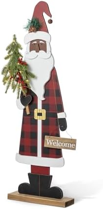 Glitzhome 36''H Lighted Wooden Africa Santa Porch Decor with Timer & LED Lights, Christmas Standing Santa Porch Sign Decor with Xmas Tree and Welcome Plaques for Front Door Outdoor Decor - Image 2