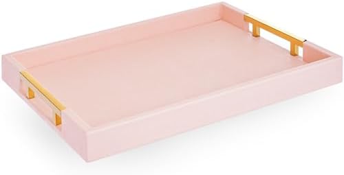 Home Redefined Modern Elegant 17.5"x12" Rectangle Baby Pink Tray Glossy Shagreen Faux Leather Decorative Ottoman Coffee Table Perfume Dresser Kitchen Serving Tray with Gold Polished Metal Handles. by HomeRedefined
