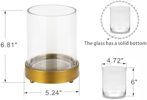 5" Wide Glass Hurricane Candle Holders and Glass Vase with Minimalism Metal Base in Antique Brass, Handmade and Sturdy Glass, Pillars, Flower Arrangement, Centerpiece, Dining Table, Console, Mantel - Image 2