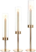 Gold Hurricane Candle Holders Set of 3, Tall Metal Windproof Glass Taper Candle Holder for Candelabra Centerpieces for Dining Table, Wedding, Party & Fireplace Mantel Decor by Unknown