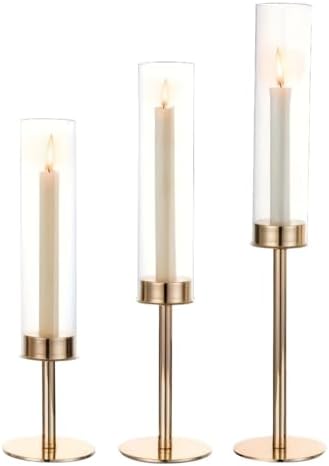 Gold Hurricane Candle Holders Set of 3, Tall Metal Windproof Glass Taper Candle Holder for Candelabra Centerpieces for Dining Table, Wedding, Party & Fireplace Mantel Decor by Unknown