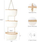 TeoKJ Over the Door Hanging Basket, 3-Tier Woven Cotton Wall-Mounted Storage Organizer Bag Decorative Hanging Nursery Baskets, White & Dark Brown - Image 2