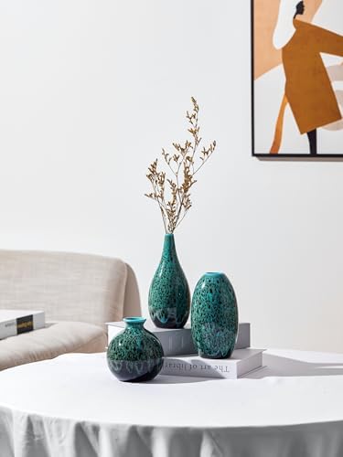 Ceramic Bud Vase Set, Fambe Blue Glazed Finish, Decorative Flower Vases (Blue-Set of 3) - Image 4