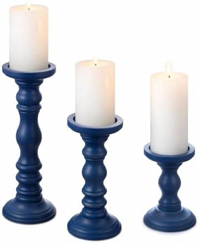 Set of 3 Wood Pillar Candle Holder Farmhouse Decor, Navy Blue by Ferrochef