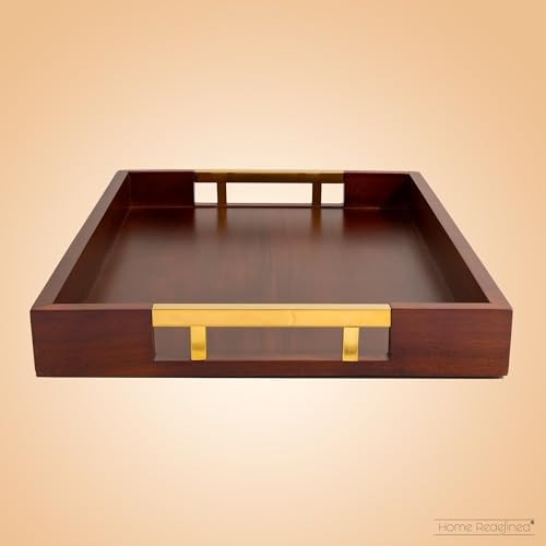 Acacia Wood Serving Tray with Polished Gold Stainless Steel Metal Handles, 17.5x12in, Ottoman Food Drinks Coffee Table, Breakfast, Dinner & Bar, Kitchen, Bedroom, Gift, Luxury Tray. Mens Display. - Image 4