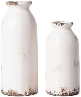 VICTOR & TERESA White Ceramic Vases Home Decor, Farmhouse Vase for Flowers, Flower Vase Set of 2, Rustic Decorative Vases for Pampas Grass, Table, Living Room, Shelf, Centerpieces, 8 inch by VICTORTERESA