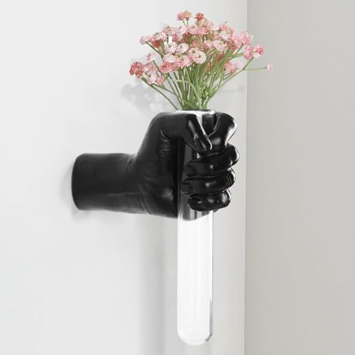 Black Wall Sculptures, Hand Vases Home Decor, Wall Mount Art Sculpture, Unique Wall Art Statue, Funky Flower Vase Decorations, Modern Eclectic Hanging Decor,Glass Test Tube Vase by XYQXYQ