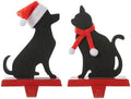 Glitzhome Cat and Dog Christmas Stocking Holders, Set of 2 Wooden/Metal Fireplace Mantel Holiday Decor Pet-Themed Sock Hangers with Scarf & Hat Design by Glitzhome