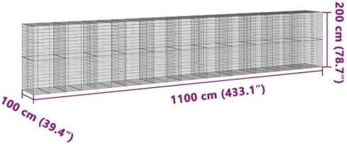vidaXL Gabion Basket with Cover - Galvanized Iron Wire Garden Cage Retaining Wall - 433.1"x39.4"x78.7" - Silver - Image 3