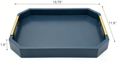 Decorative Wood Serving Tray with Polished Gold Handles, Octagon MDF Tray, Glossy Finish, 16x12 Inch, for Coffee Table, Ottoman (Blue) - Image 3