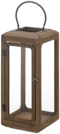 18" High Decorative Wood and Glass Lantern with Metal Handle, Brown Whitewash, Candle Holder (Brown, Large) by Unknown
