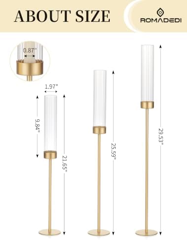Romadedi Tall Glass Hurricane Candle Holder Gold for Taper Sticks, Set of 3 - Image 4