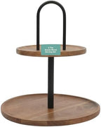 Gibson Home Gracious Dining 2-Tier Round Acacia Wood Serving Tray – Rustic Charcuterie Board Stand with Black Iron Handle – Tiered Party Platter, Dessert Display or Lazy Susan for Entertaining - Image 5