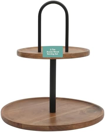 Gibson Home Gracious Dining 2-Tier Round Acacia Wood Serving Tray – Rustic Charcuterie Board Stand with Black Iron Handle – Tiered Party Platter, Dessert Display or Lazy Susan for Entertaining - Image 5