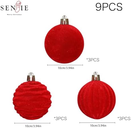 4In Large Red Velvet Christmas Ornaments Set,9Pcs Flocked Ornaments Balls - Image 4