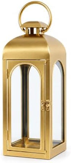 Christmas Decorative Lantern Gold Metal Candle Holder 16'' Tempered Glass by Bdor