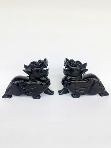 7.9-Inches Large Feng Shui Pixiu Statue, A Pair Black Obsidian Gemstone Pixiu Statue, Home Decoration Gift Idea Lunar New Year by NATURALMARBLE