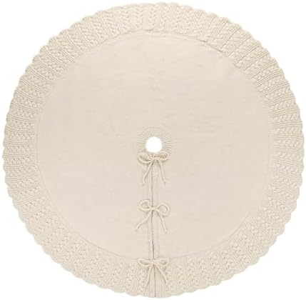 Ivory Knitted Christmas Tree Skirt, Cozy Cable Knit Design with Scalloped Edge and Ties, Rustic Farmhouse Holiday Décor for Christmas Tree Base(Ivory, 48") - Image 3