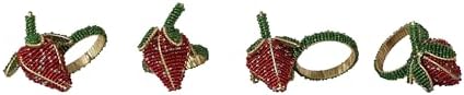 Creative Co-Op 4-Piece Round Handmade Glass Beaded Strawberry Napkin Rings with Gold Cord, Red, Green and Gold Finish by Unknown