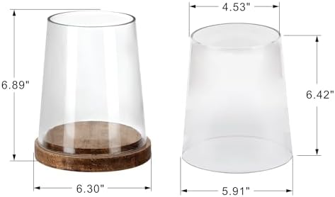6" Wide Glass Hurricane Candle Holders with Handmade Sturdy Glass Sleeves and Vintage Natural Wood Base for Pillar Candle & Plants, Industrial, Farmhouse, Display Cloche Bell Jars, Table Centerpiece - Image 2