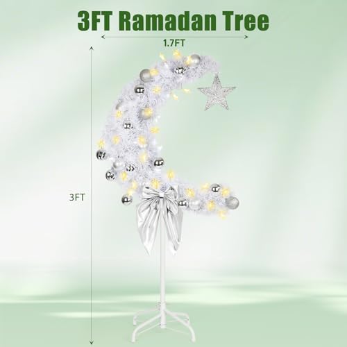 3 FT Eid Ramadan Moon Tree, Lighted Crescent Artificial Tree with LED Star String, Garden Decor Outdoor Lights,Islamic Decoration for Garden, Indoor, Home, Party Decor(Silver) - Image 3