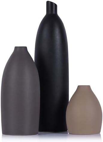 Ceramic Vase Set of 3, Neutral Wabi Sabi Japandi Decor, Modern Minimalist Decorative Vases for Shelf, Coffee Table, Living Room, Bathroom, Kitchen, Bookshelf, Mantel, Entryway Table by QIANLING