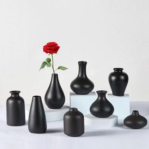 Small Black Vases Set of 8 - Mini Ceramic Bud Vases for Flowers by Linyona