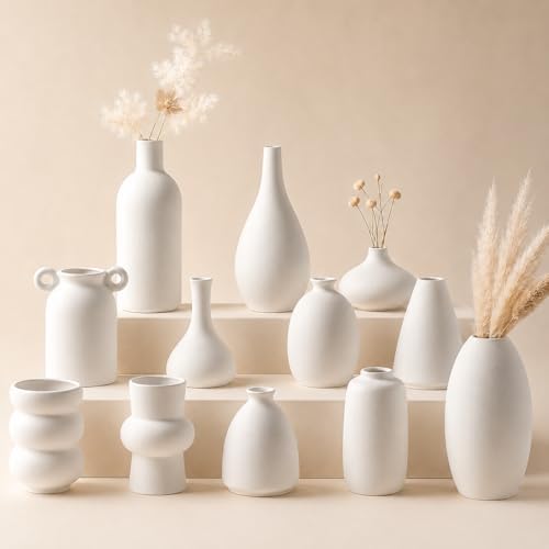 Set of 12 White Ceramic Vase for Pampas Grass Flowers, Japandi Small Vases in Bulk for Wedding Centerpieces, Shelf and Table Decorations, Living Room and Bedroom Decor, DIY Gift by Parlamain