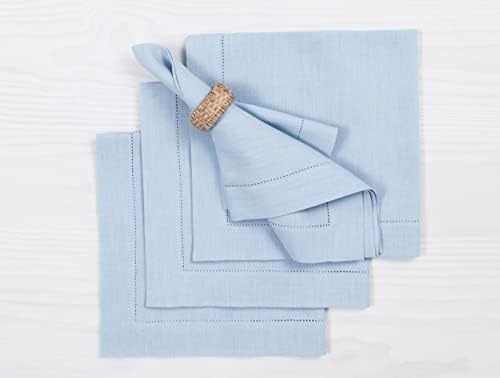 Solino Home 100% Linen Napkins Blue, Classic Hemstitch 20 x 20 in, Set of 4 by SolinoHome