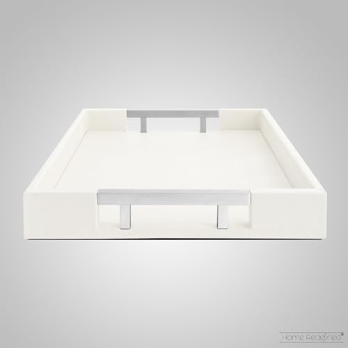 Modern Elegant 17.5"x12" White Rectangle Shagreen Faux Leather Decorative Tray Ottoman Coffee Table Perfume Living Room Kitchen Serving Tray with Silver Metal Handles for All Occasion's - Image 4