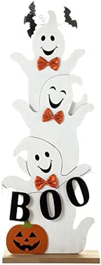 Glitzhome 37.5'H Halloween Wooden Stacked Ghost Porch Sign, Farmhouse Ghost Standing Decor with Base, Rustic Welcome Sign for Home Party Decor - Image 7