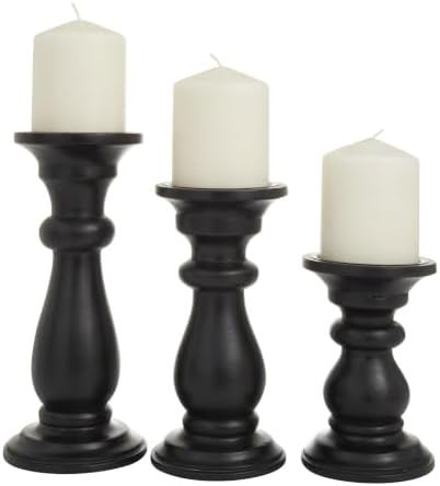 Deco 79 Mango Wood Decorative Candle Holder Turned Style Pillar Candle Stand, Set of 3 Candlestick Holder 10", 8", 6"H, Black by Unknown