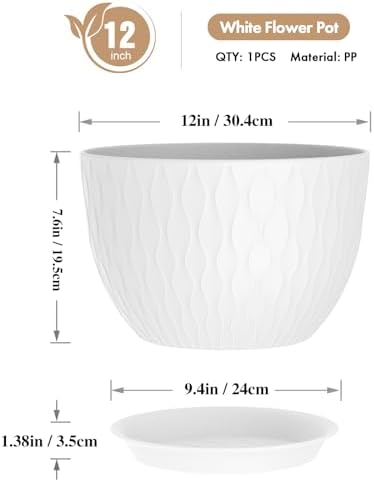 WSMKSZ 12 Inch Large Plant Pots for Indoor or Outdoor Plants, Wide Water Ripples Flower Pots with Drainage Holes & Saucer, Plastic Planters Set for Garden & Home Decor (White) - Image 2