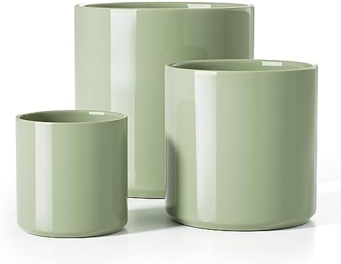 LE TAUCI 10+8+6 Inch Ceramic Pots for Plants, Indoor Planters with Drainage Hole and Plug, Modern Cylinder Flower Pots Set of 3 for Living Room and Kitchen, Glossy, Sage Green by LETAUCI