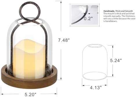 7.5" High Versatile Rustic Metal Candle Holder with Handmade Sturdy Glass Dome and Brown Wooden Base for Pillar Candle & Plants, Industrial, Farmhouse, Shabby Chic, Display Cloche Bell Jars - Image 2