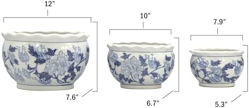 Galt International Blue & White Round Floral Porcelain Ceramic Plant Flower Planter Pot Set of 3 (8", 10", 12") Garden Pots Chinese Asian Design - Image 2