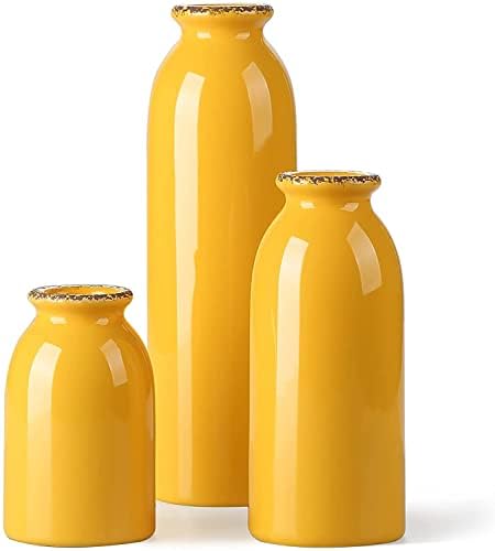 3Pcs Yellow Ceramic Vases, Decorative Vases for Modern Farmhouse by HappleCwlwgoHome