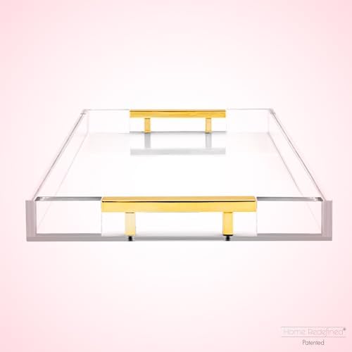 Modern 16"x12" Rectangle Acrylic Lucite Plastic Decorative Serving Tray with Gold Polished Stainless Steel Metal Handles Home Decor Ottoman Coffee Table Makeup Perfume Display Vanity By Home Redefined - Image 4