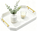 Decorative Wood Serving Tray with Polished Gold Handles, Octagon MDF Tray, Glossy Finish, 16x12 Inch, for Coffee Table, Ottoman (White) by dugunusu