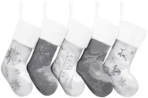 GEX Christmas Stockings 5 Pack for Family 20" Large Silver Gray Satin with Sequins Faux Fur Rhinestones Embroidered Classic Luxury Fireplace Tree Decorations Ornament for Xmas Season (Set of 5) - Image 6