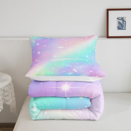 Rainbow Bedding Set For Kids Girls Teens Women Ombre Gradient Comforter Set Full Stars Galaxy Bedding Comforter Sets Watercolor Tie Dye Quilt Soft Lighweight Quilted Duvet Girly Bedroom Decor 3Pcs - Image 5