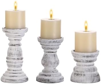 Rustic Wooden Pillar Candle Holders Set of 3 in Distressed White, Florence Style, Farmhouse Wooden Candle Holder, Wooden Candle Stand, Small Wooden Candlestick Holders, Living Room, Table Centerpiece by Unknown