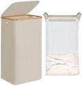 efluky 26 Gal Laundry Basket with Lid and Net Bag, Tall Laundry Hamper with Bamboo Handles, Aesthetic Dirty Clothes Bin for Laundry Room, Bathroom, Bedroom and Dorm, Oatmeal by efluky