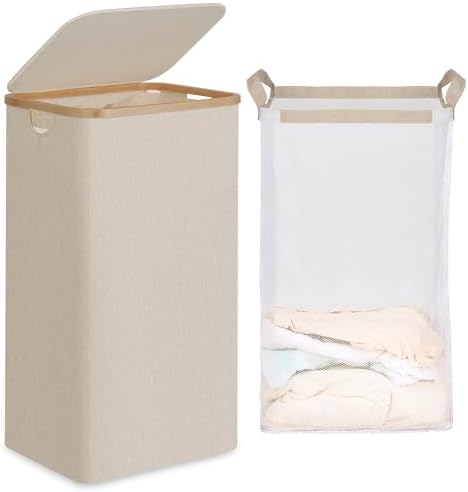 efluky 26 Gal Laundry Basket with Lid and Net Bag, Tall Laundry Hamper with Bamboo Handles, Aesthetic Dirty Clothes Bin for Laundry Room, Bathroom, Bedroom and Dorm, Oatmeal by efluky