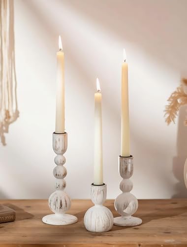 NUPTIO Wooden Taper Candle Holders, Set of 3 White Candlesticks by Nuptio