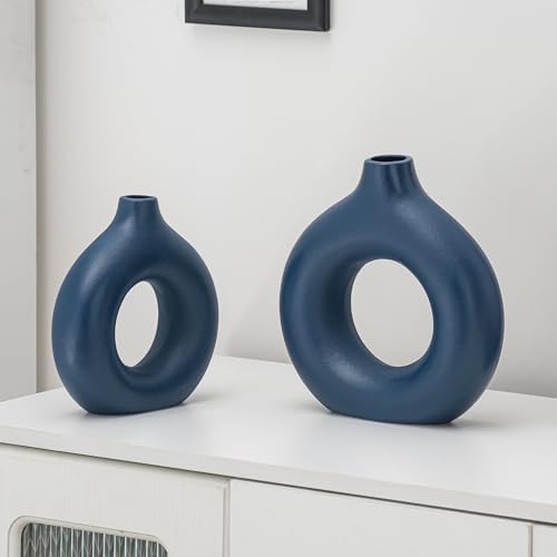 Ceramic Donut Vase Set of 2 Home Decor Modern Farmhouse Style Living Room Ornament Dining Table Room Pottery Purple Small Vases for Dried Flowers - Image 7