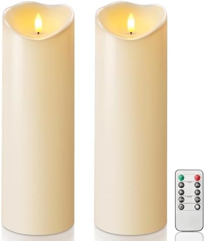Homemory 4"x12" Outdoor Waterproof Flameless Candles with Timers and Remote Control, Battery Operated Candles, LED Plastic Candles, Dark Ivory, Set of 2 by Homemory
